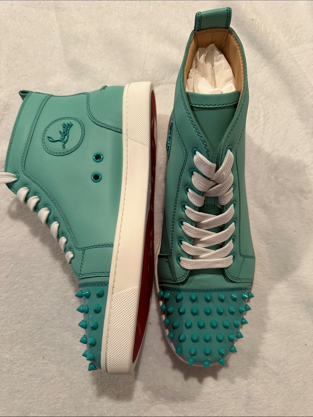 Christian Louboutin Teal Spike-Toe High-Top Sneakers with White Laces